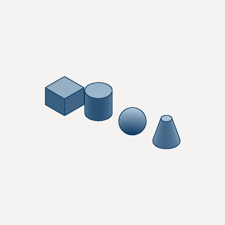 Box, cylinder, sphere, and cone primitives